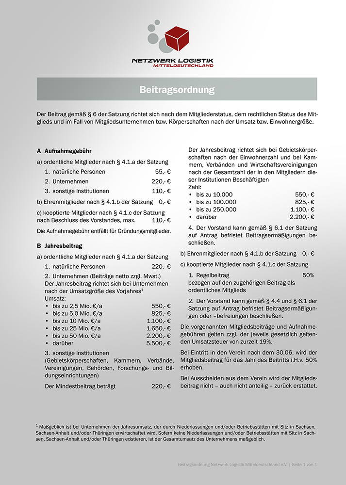 Beitragsordnung Netzwerk Logistik Leipzig-Halle e. V.